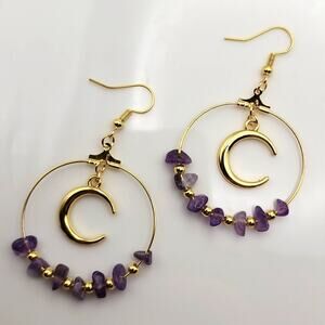 Gilded Nebula Amethyst Crescent Moon Earrings